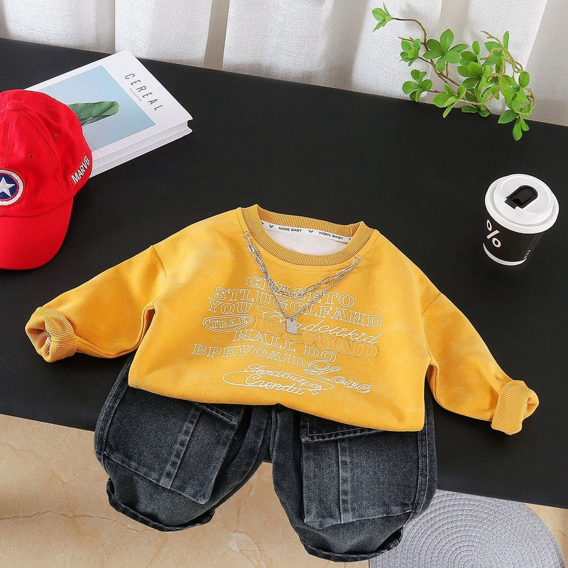 Boys' Spring Autumn Outfit 2026 New Fashionable Children's with English Print Sweatshirt and Korean Style Long Pants Two-Piece Set