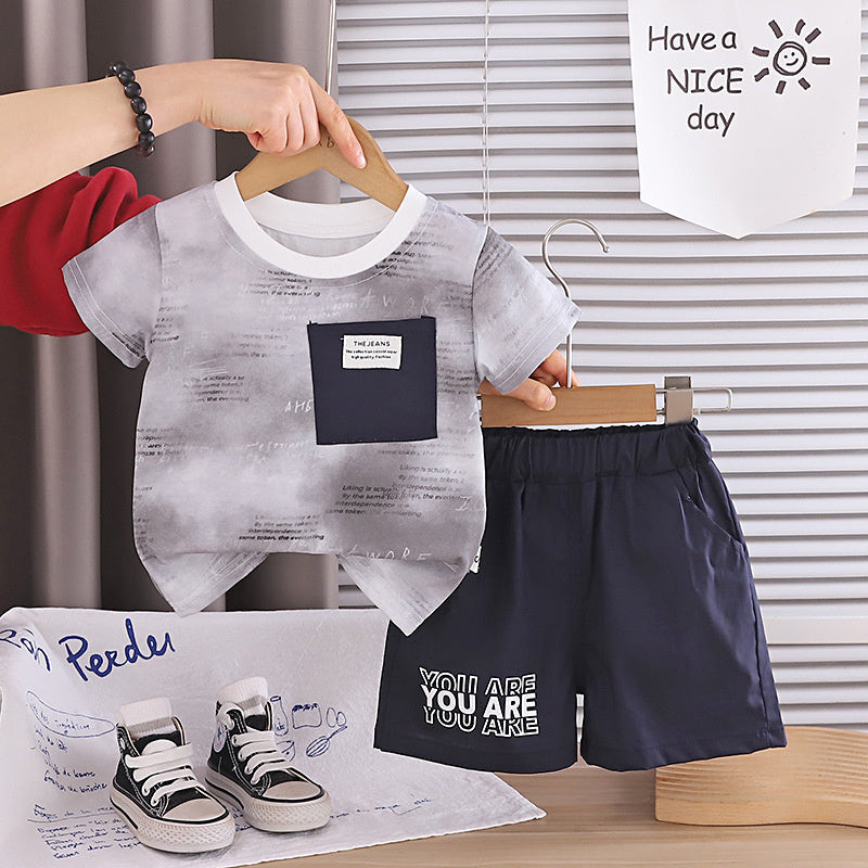 Boys' Summer Outfit 2026 New Fashionable Baby Children's Gradient Letter Print Short Sleeve Two-Piece Stylish Clothes