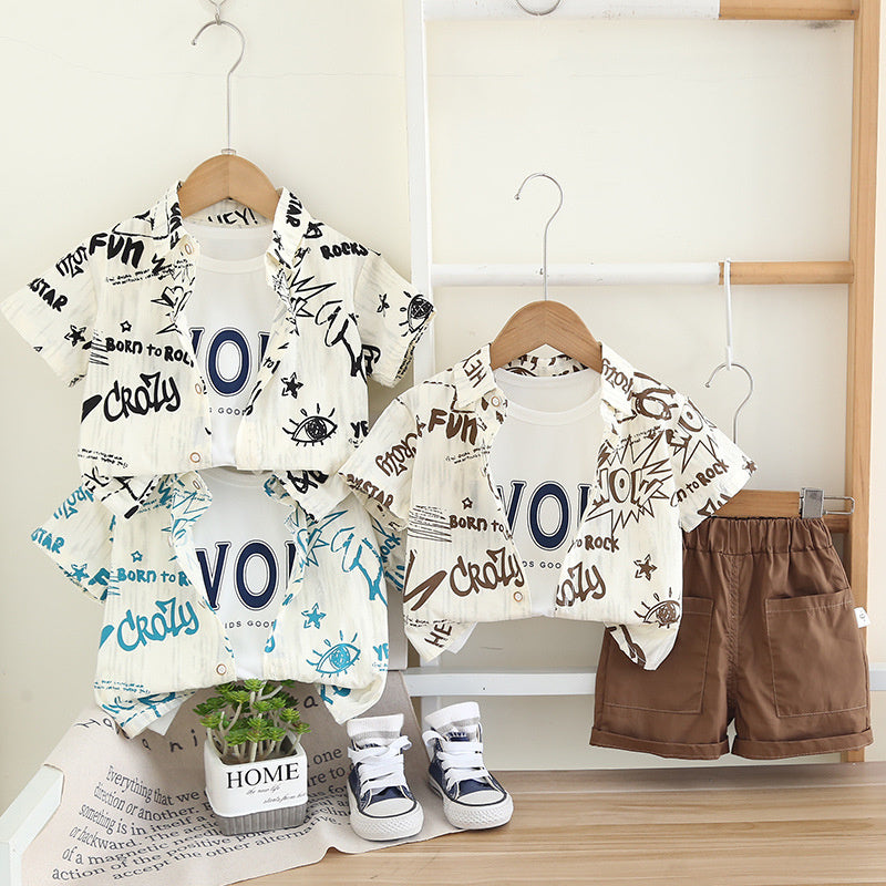 Boys' Summer Outfit 2026 New Fashionable Children's Clothing Thin Full-Print Letter Shirt Short-Sleeve Three-Piece Set Trendy
