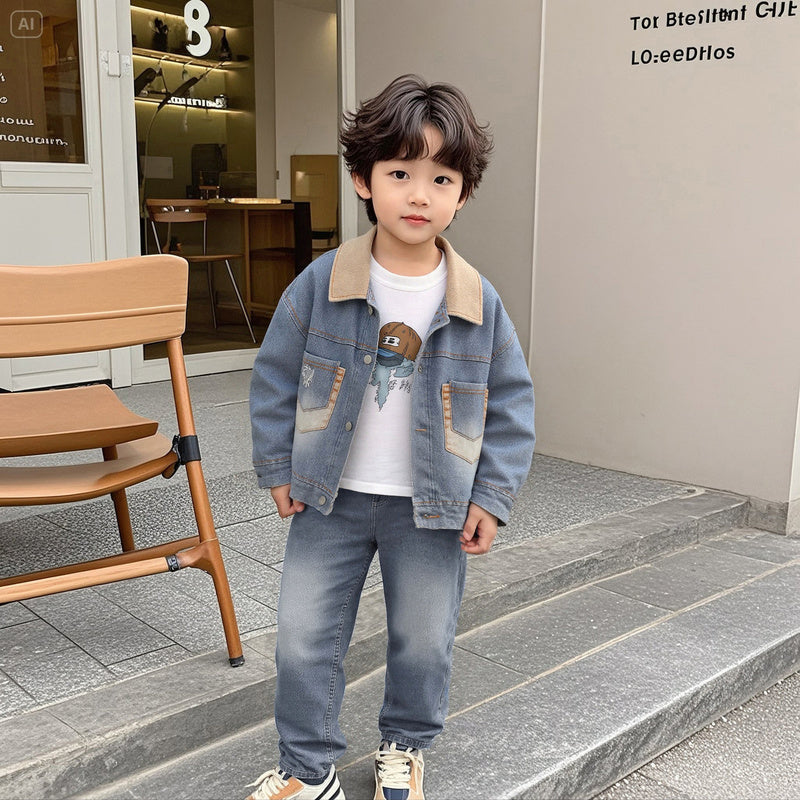 Outfit 2025 New Children's Spring and Autumn Clothes Boys' Denim Double Pocket Three-Piece Set