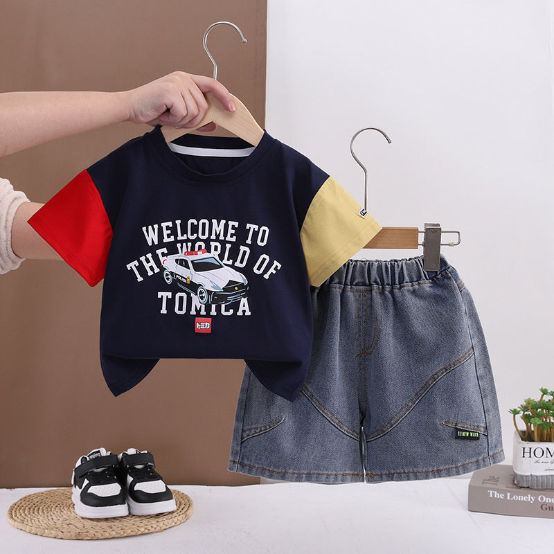 Boys' Cartoon Car Short Sleeve Set 2026 New Style for 1-4 Year Olds, Stylish Baby Korean Version Summer Outfit