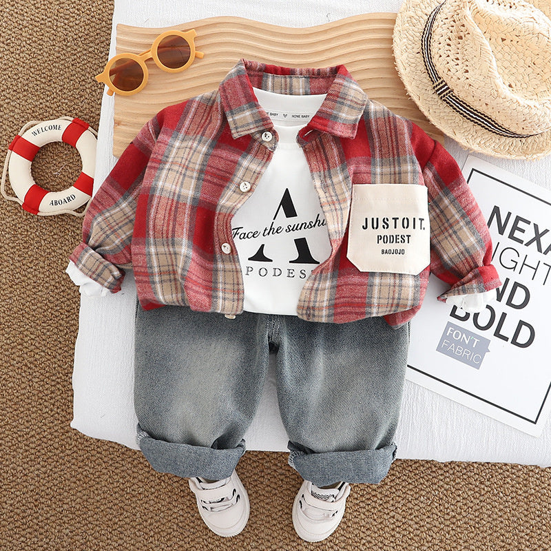 Boys' 2025 Outfit 1-2-3 Years Old Baby Color Block Shirt Jacket Children's Spring Autumn Three-Piece Set Kids' Clothing