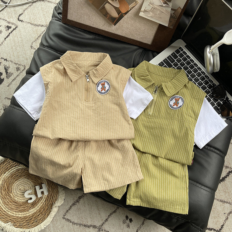 Boys' stylish children's clothes for boys, toddler clothing, baby summer outfit, 3-year-old vertical stripe half-zip short-sleeve set, trendy