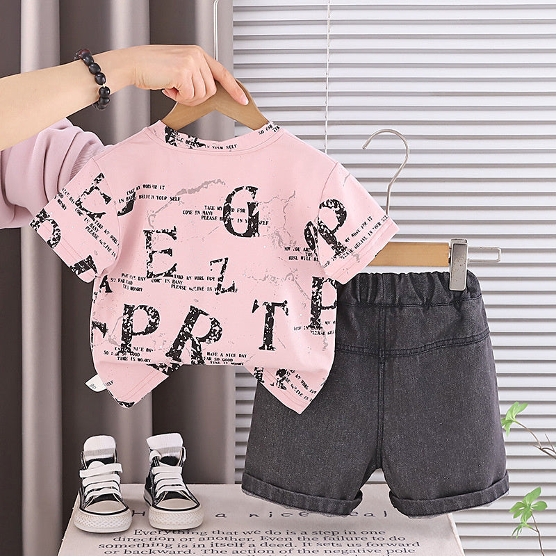 Boys' Outfit 2026 New Style Infant Children's English Pocket Short Sleeve Two-Piece Set Stylish Baby Summer Casual Wear