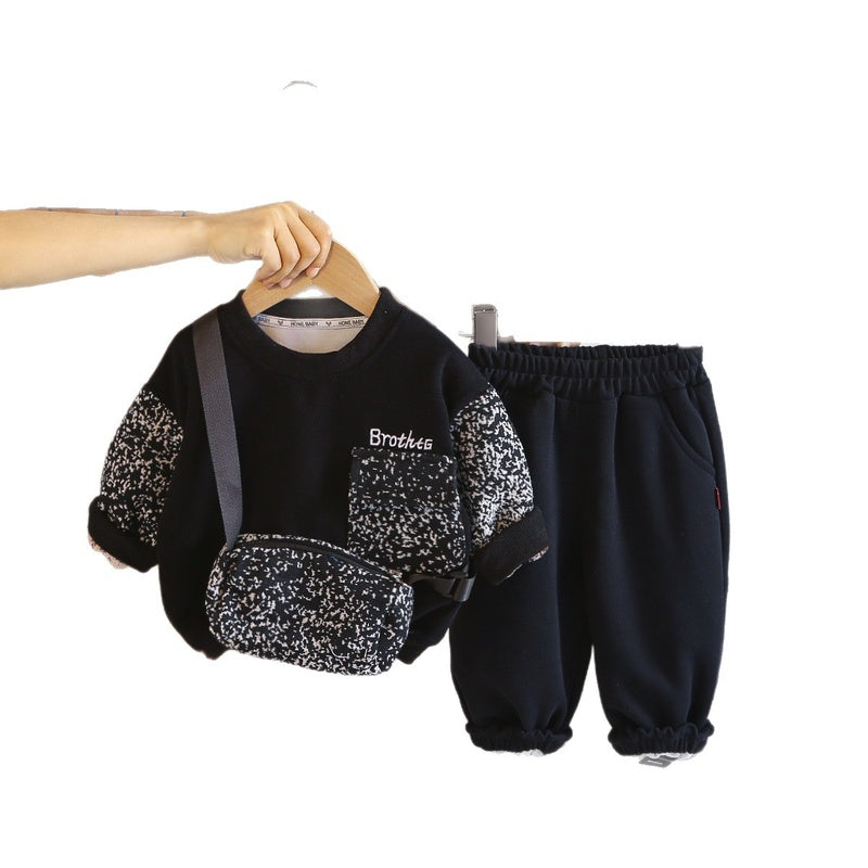 Boys' Outfit for Spring and 2026 New Style Baby Autumn Clothing Korean Version Casual Round Neck Hoodie Two-Piece Set Wholesale