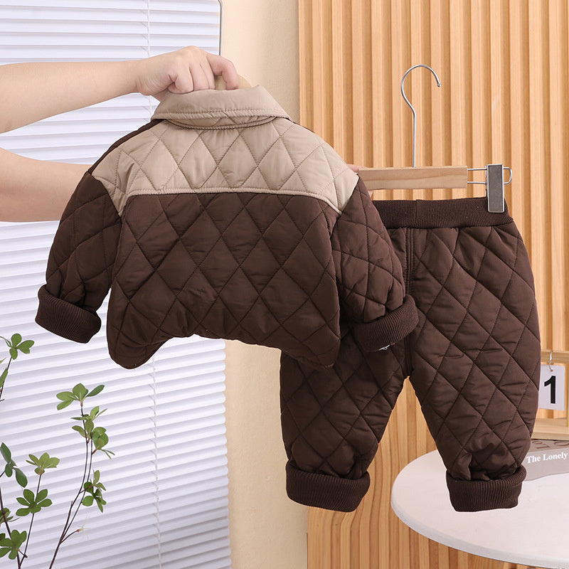 Boys' Autumn and Thickened Jacket with Fleece, Baby Cartoon Plaid Two-Piece Set, Trendy Children's Winter Outfit