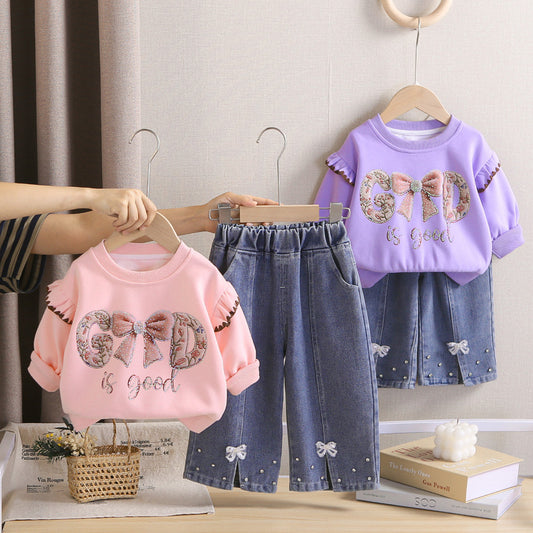 Girls' Autumn Outfit Set 2026 New Fashionable Letter Print Bow Sweatshirt and Pants for Baby Girls 1-2 Years Old