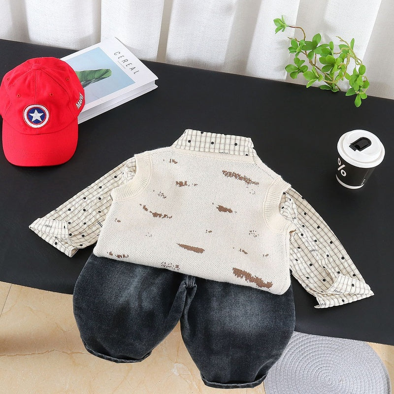 Boys' Autumn Sweater Vest Set 2026 New Fashionable Baby Plaid Shirt Casual Trendy Three-Piece Outfit