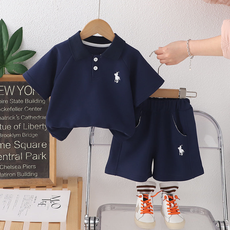 2025 Korean-style children's outfit, new summer model, boys' embroidered polo shirt, baby short-sleeve shorts, stylish two-piece set