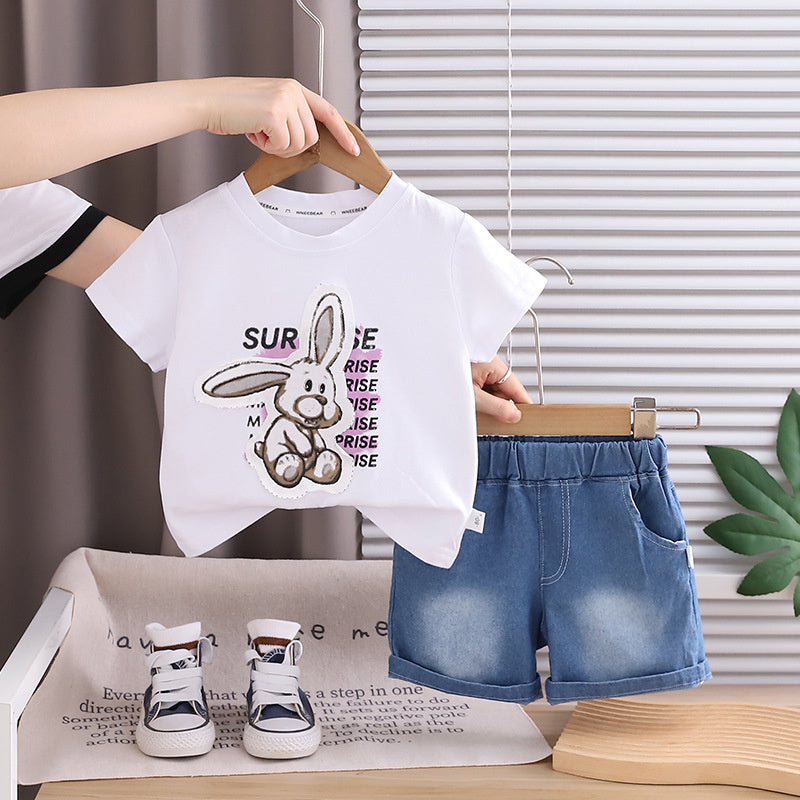 Boys' Summer Outfit 2026 New Fashionable Children's Rabbit Print Short Sleeve Shorts Two-Piece Set Baby Casual Trendy Wholesale