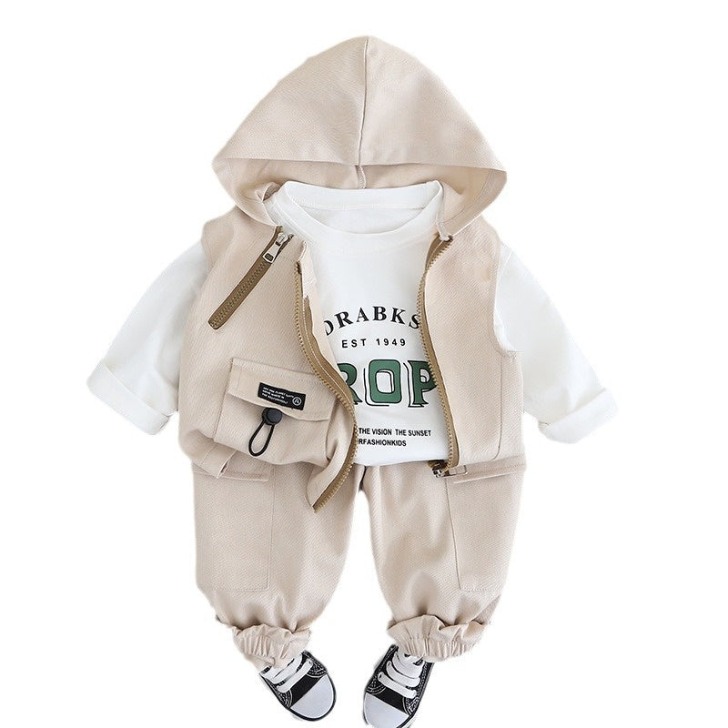 Boys' Spring Outfit 2024 New Korean Style Fashionable Children's Hooded Baby Double Zipper Workwear Vest Three-Piece Set