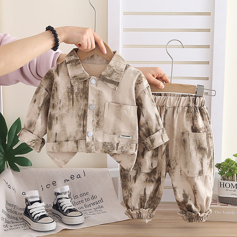 Boys' outfit stylish cool, baby spring autumn tie-dye pocket two-piece set, infant and toddler trendy clothing