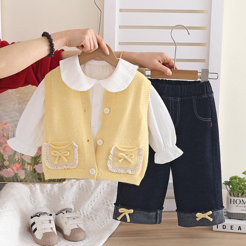 Girls' Outfit New Fashionable Trendy Baby Girl Pocket Cardigan Sweater Three-Piece Set Korean Style Spring and Autumn Fashion
