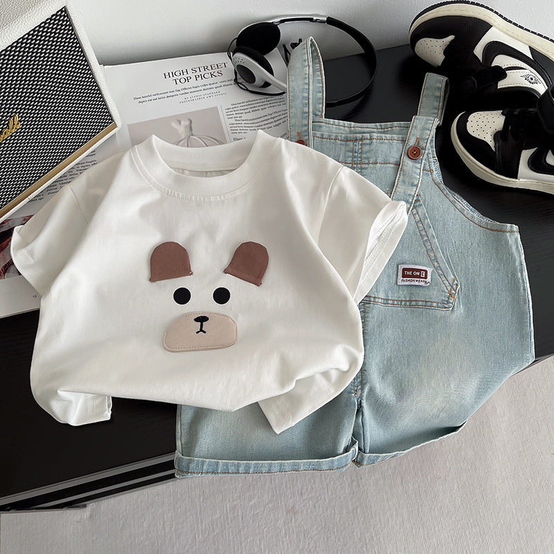 Boys' Outfit 2026 New Trendy Children's Bear Denim Overalls Short Sleeve Baby Korean Style Summer Clothes