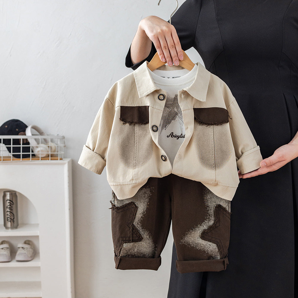 Boys' Outfit 2026 New Style Infant Children's Spring and Autumn Fashionable Baby Clothes Spray-Painted Three-Piece Set