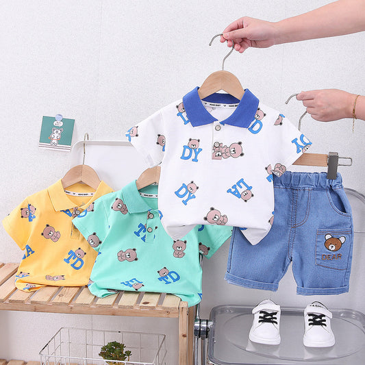 Baby Summer Outfit 2023 New Stylish Fashionable Children's Short-Sleeve Suit with Bear Print and Turn-down Collar for Boys