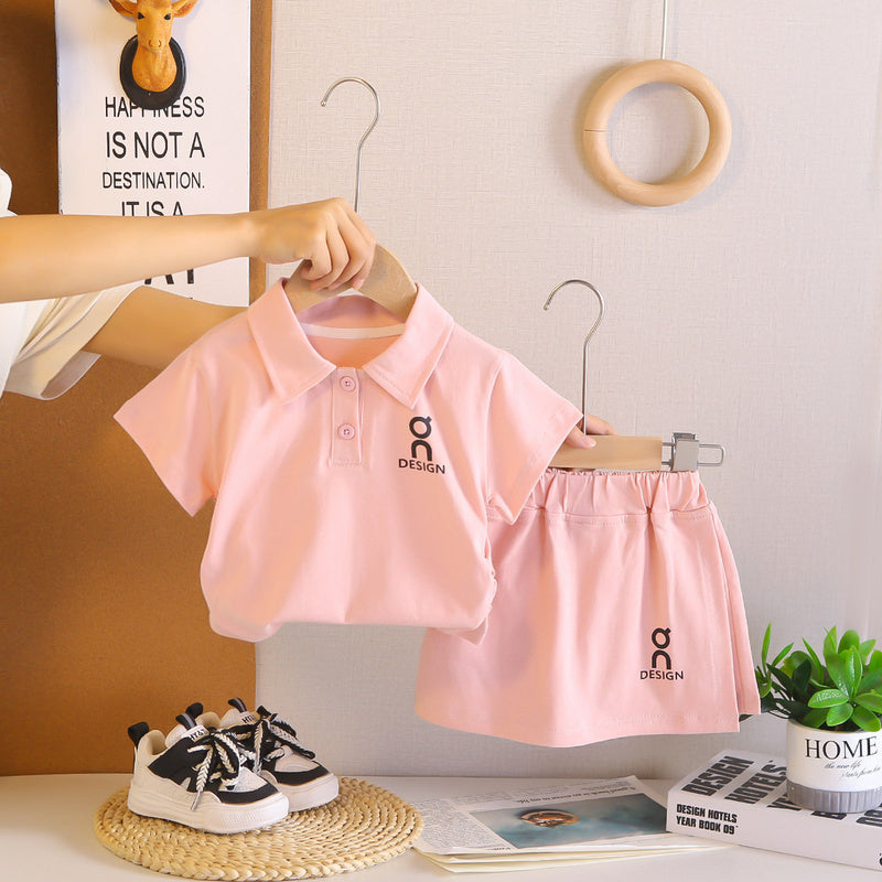 Children's Summer Outfit 2026 New Fashionable Girls' Baby Trendy Clothing Solid Color Short Sleeve Shorts Two-Piece Set