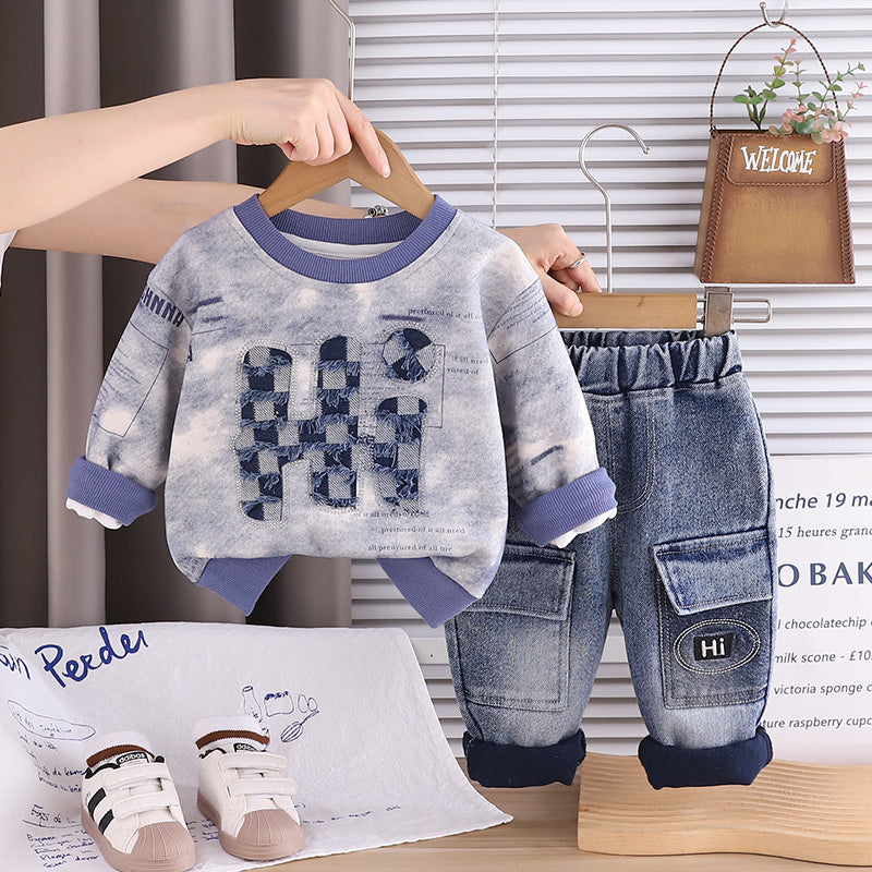 Boys Spring and Autumn 2025 Casual Suit Baby Boy New 1-5 Years Old Long Sleeve Letter Sweatshirt Denim Two-piece Set