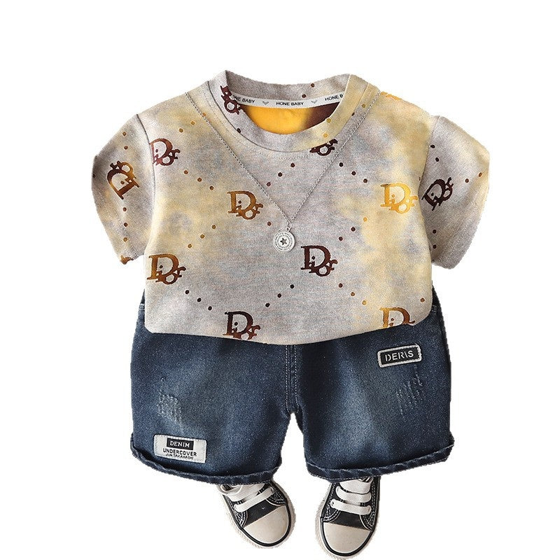 Boys' Outfit 2026 New Fashionable Toddler Summer Outfit, Round Neck Letter Print Short Sleeve Thin Clothing for Little Boys