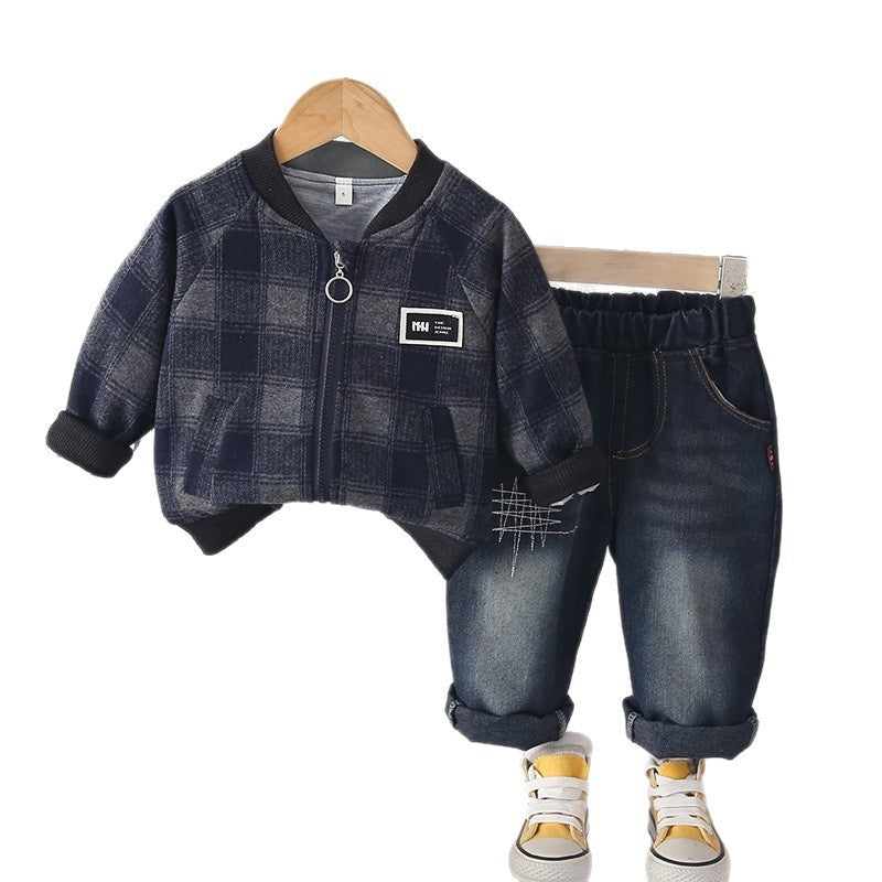 Boys' Outfit 2026 New Style Baby Boy Spring and Autumn Plaid Stand Collar Jacket Two-Piece Set Trendy