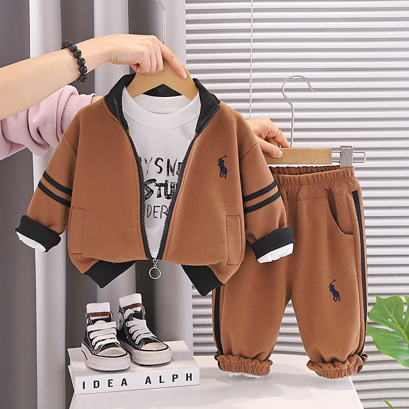 Children's Outfit 2026 New Style Boys' Fashionable Baby Spring and Autumn Striped Embroidered Long Sleeve Three-Piece Set Trendy