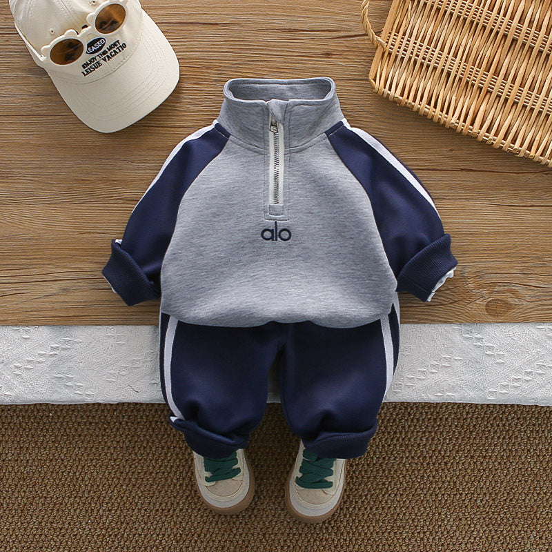 Boys' Autumn Outfit, New Spring Style for Baby Boys, Casual Two-Piece Set with Half-Zip and Color Block Long Sleeves, Trendy
