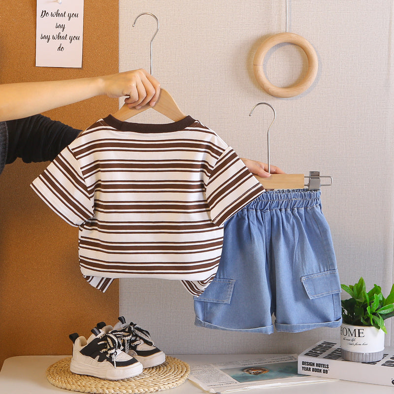 Boy's Summer Stylish Outfit 2026 New Baby Striped Faux Pocket Short Sleeve Casual Two-Piece Set Trendy