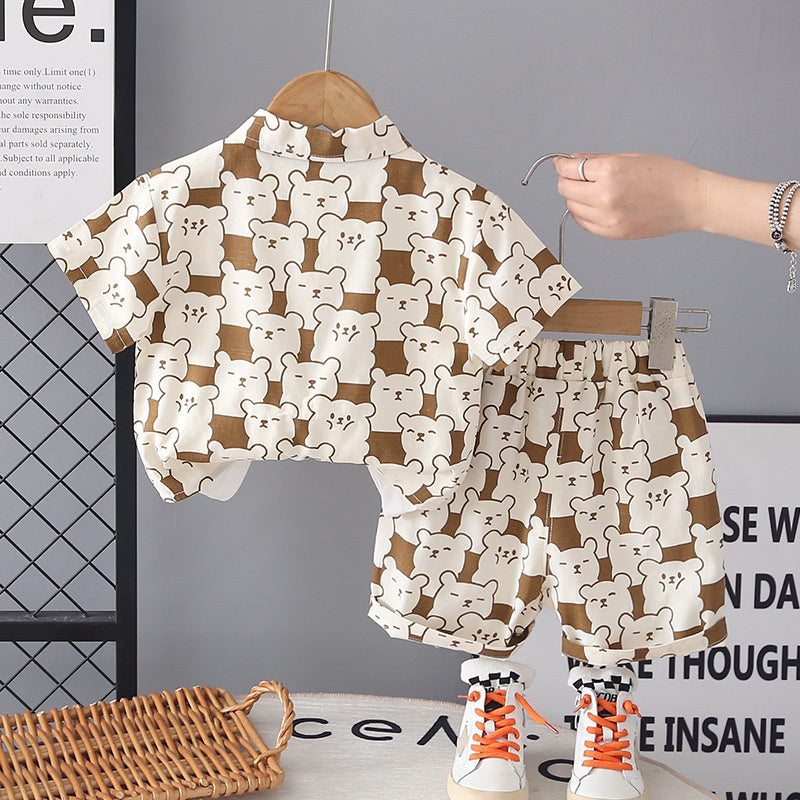 Boys' Summer Outfit 2026 New Fashionable Korean Style Thin Little Bear Shirt Short Sleeve Three-Piece Set
