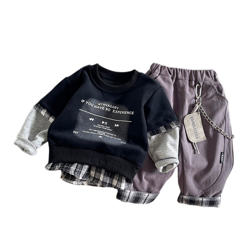 Boys' outfit, sporty fashionable, stylish spring autumn two-piece set with printed sweatshirt for toddlers and children