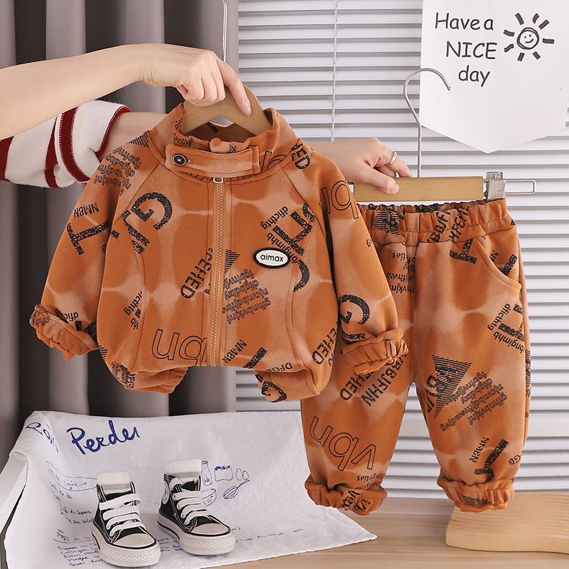 Boys' Outfit 2026 New Fashionable Baby Full-Print Zipper Long-Sleeve Two-Piece Set for Children in Spring and Autumn