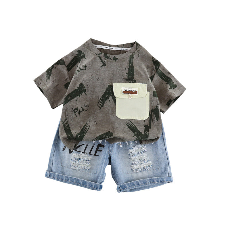 Boys' Summer Outfit 2026 New Style Diagonal Pocket Short Sleeve Shorts Two-Piece Set Stylish Baby Clothes Children's Wear