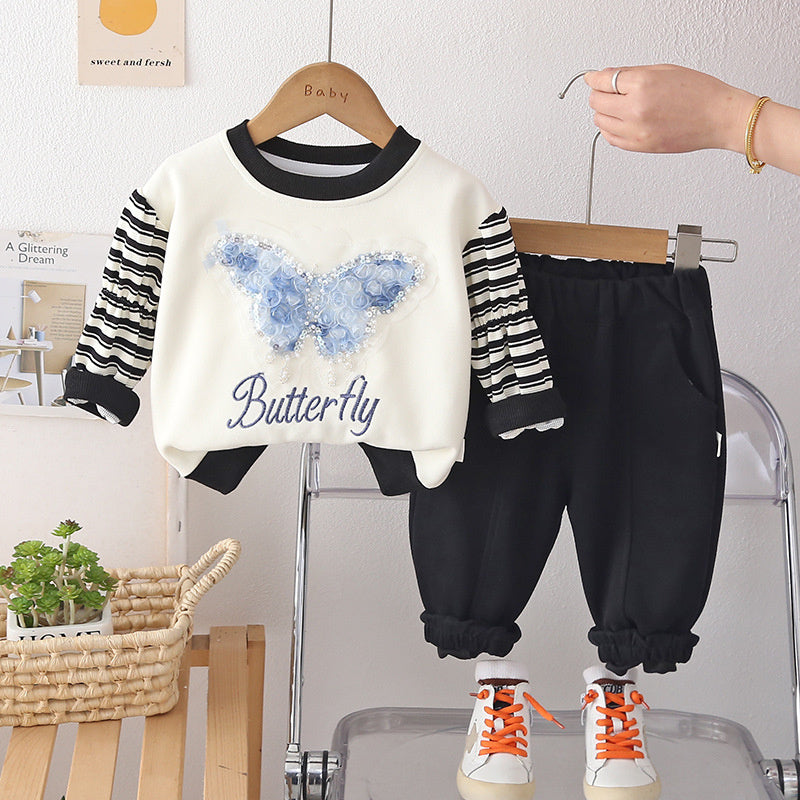 Girls Spring and Autumn Suit 2026 New Style Children's Clothes Baby Sequin Bow Sweatshirt Two-piece Set