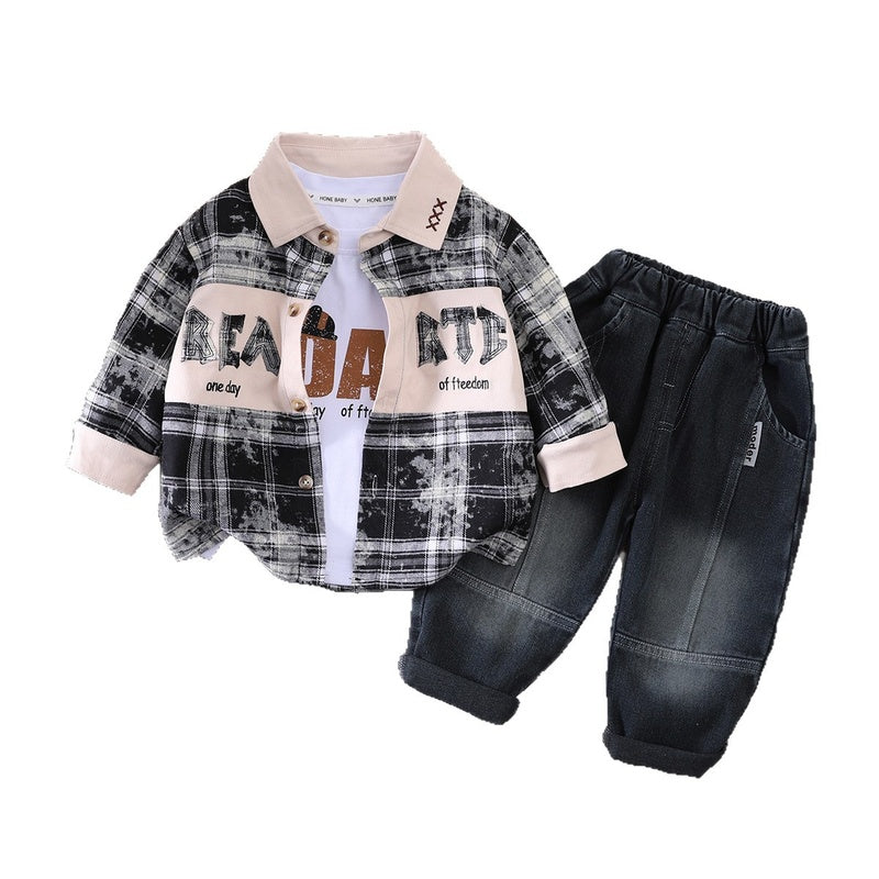 Boys' Spring and Autumn Letter Color-Block Shirt New Style Children's Long-Sleeve Baby Outfit Fashionable Three-Piece Set Trendy