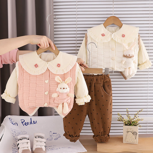 Baby girl spring outfit set, stylish children's clothing for toddlers, 1-3 years old, trendy pocket bunny sweater three-piece set