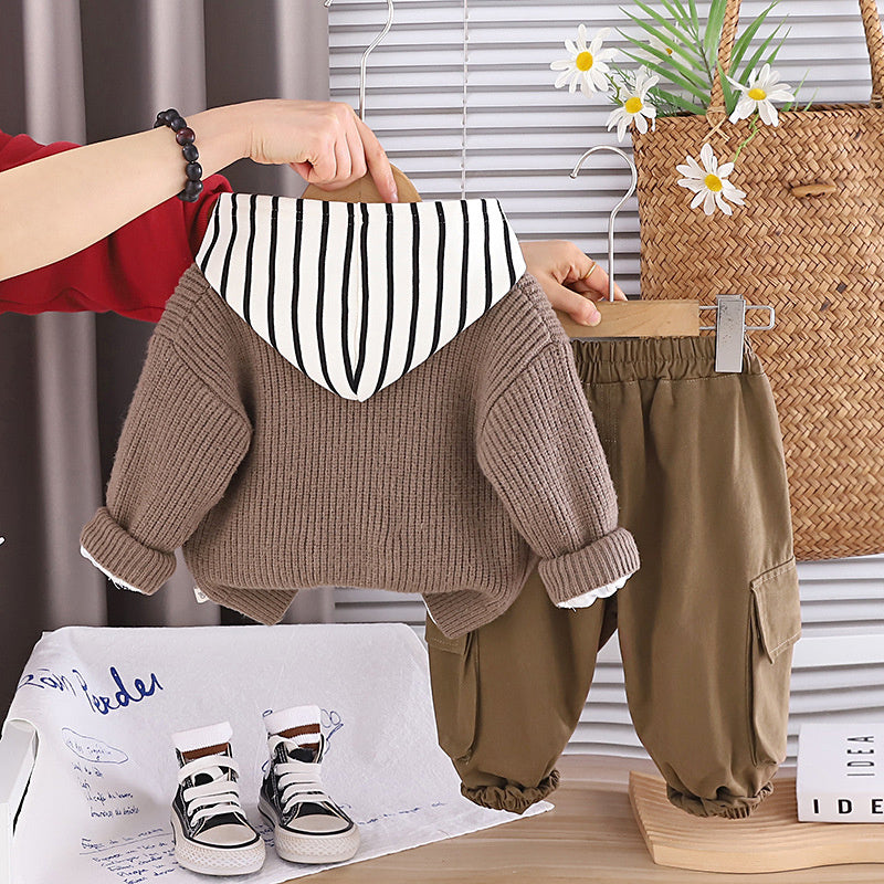 Boys' Outfit 2026 New Fashionable Patchwork Puppy Long Sleeve Sweater Three-Piece Set Baby, Stylish and Trendy for Spring
