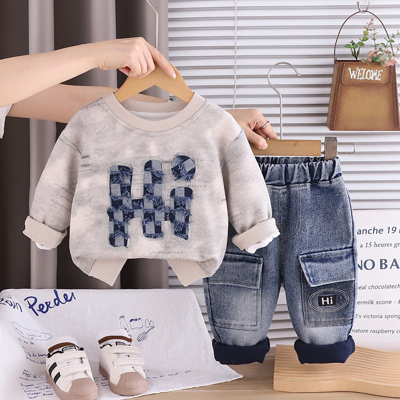 Boys Spring and Autumn 2025 Casual Suit Baby Boy New 1-5 Years Old Long Sleeve Letter Sweatshirt Denim Two-piece Set