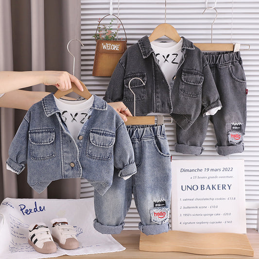 Baby Denim Double Pocket Three-Piece Set Korean Style Infant Stylish Boys Autumn Outfit Toddler 0-1-2-3 Years Old