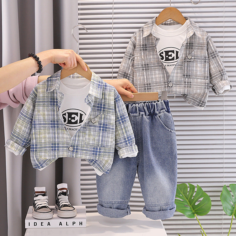Boys' Outfit 2026 New Style Infant Children's Spring and Autumn Stylish Plaid Shirt Three-Piece Set for Baby Boys