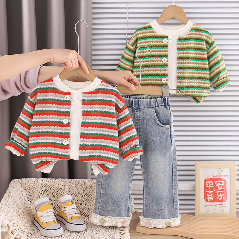 Girls' and Autumn 2, Children's Clothing, Stylish Girls, Striped Sweater Three-Piece Set, Spring Outfit for 1-Year-Old Baby Girls