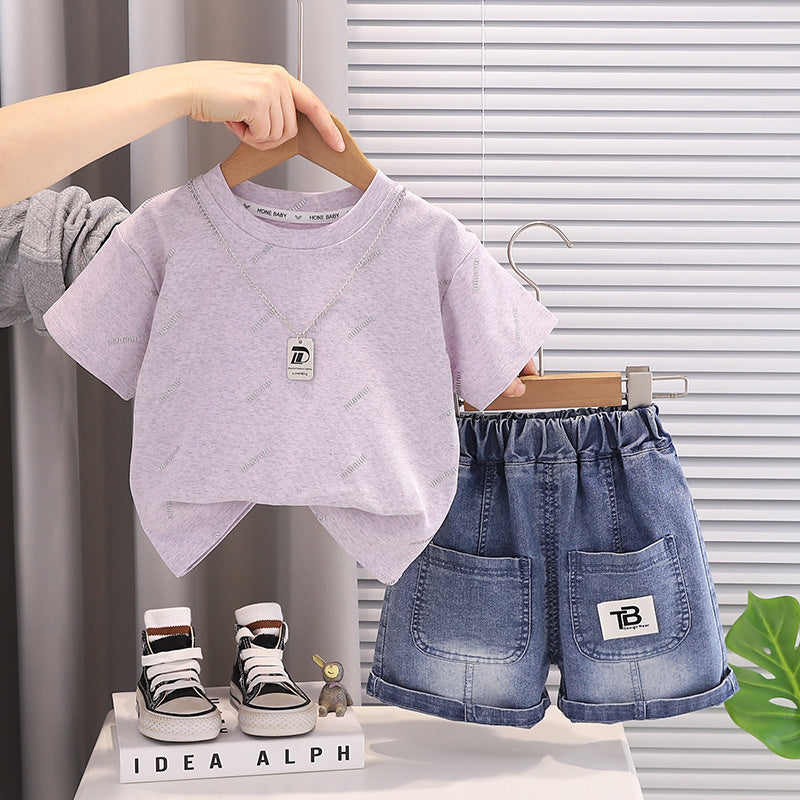 Boys' Summer Short-Sleeve Set with English Print 2026 New Stylish Baby Clothes Trendy Casual Two-Piece Outfit for Little Boys