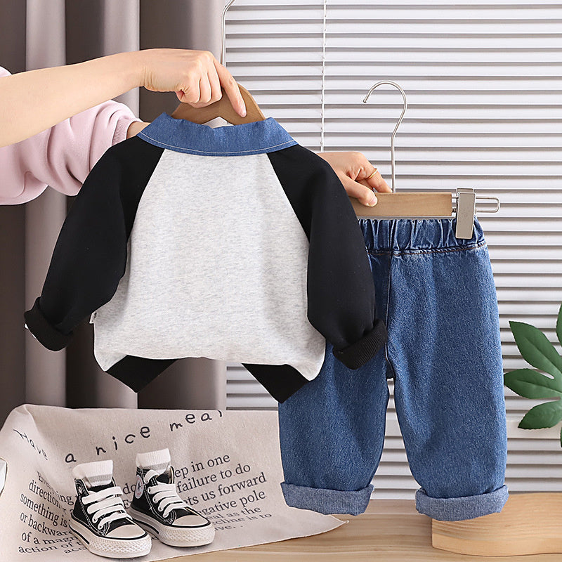 Boys' Outfit 2026 New Style Infant Children's Spring and Autumn Denim Collar Crocodile Sweatshirt Two-Piece Set for Handsome Boys