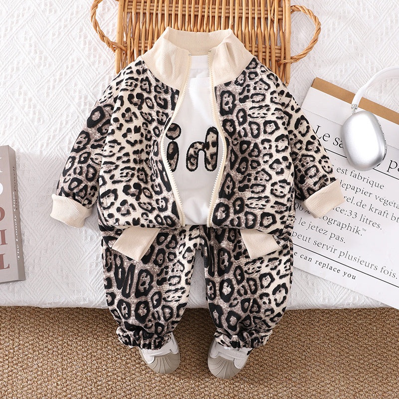 Boys' Clothing Baby Outfit Stand Collar Leopard Print Sports Two-Piece Set 2025 New Infant Spring Autumn Season 1 to 5 Years