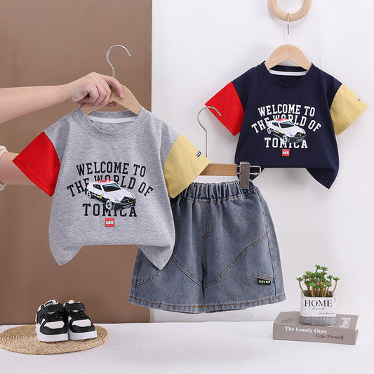 Boys' Cartoon Car Short Sleeve Set 2026 New Style for 1-4 Year Olds, Stylish Baby Korean Version Summer Outfit