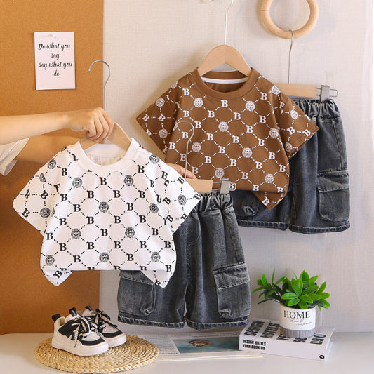 Boys' Outfit 2026 New Stylish Round Neck Lion Children's Short Sleeve Two-Piece Set Baby Summer Clothes