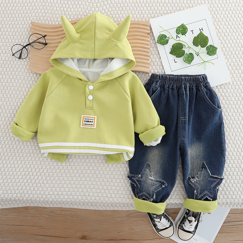 Korean Style Boys' Sweatshirt and Autumn Baby Spring Fashionable Clothes Infant Children's Clothing Horn Zipper Two-Piece Set