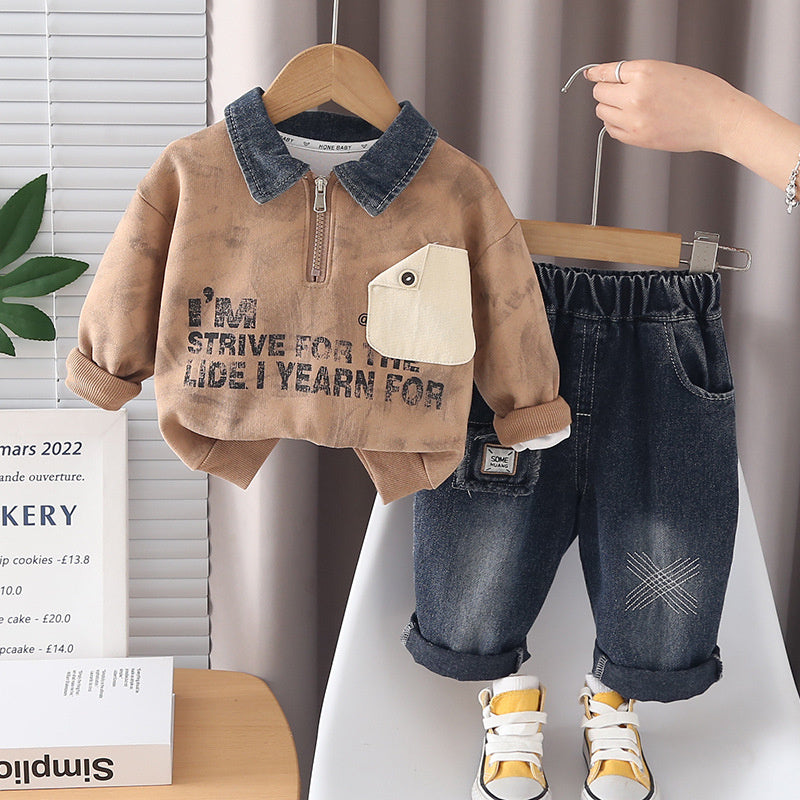 Boys' Fashionable Color-Block Pocket Sweatshirt Set, Baby Spring 2026 New Trendy Toddler Sports Casual Wear