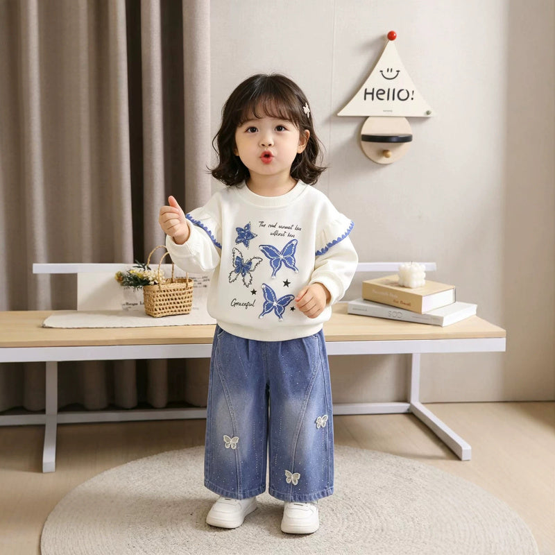 Baby Girl Outfit Set 2026 New Korean Style Children's Clothing with Four Butterflies, Stylish Autumn Sweatshirt for Girls