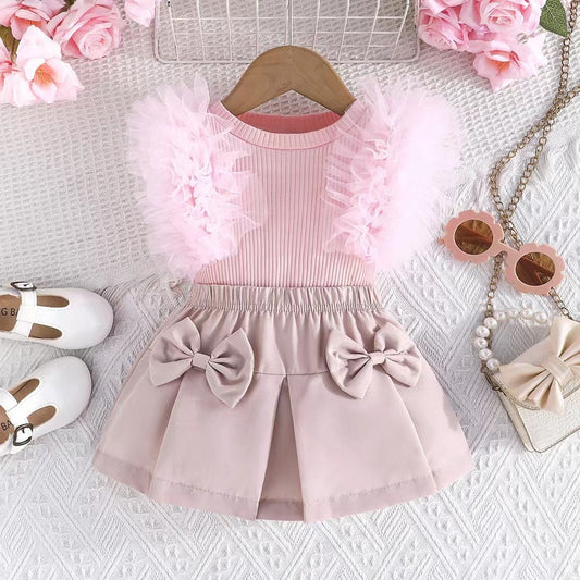 Sweet sky blue girls' top with mesh sleeves and bow-tie skirt set