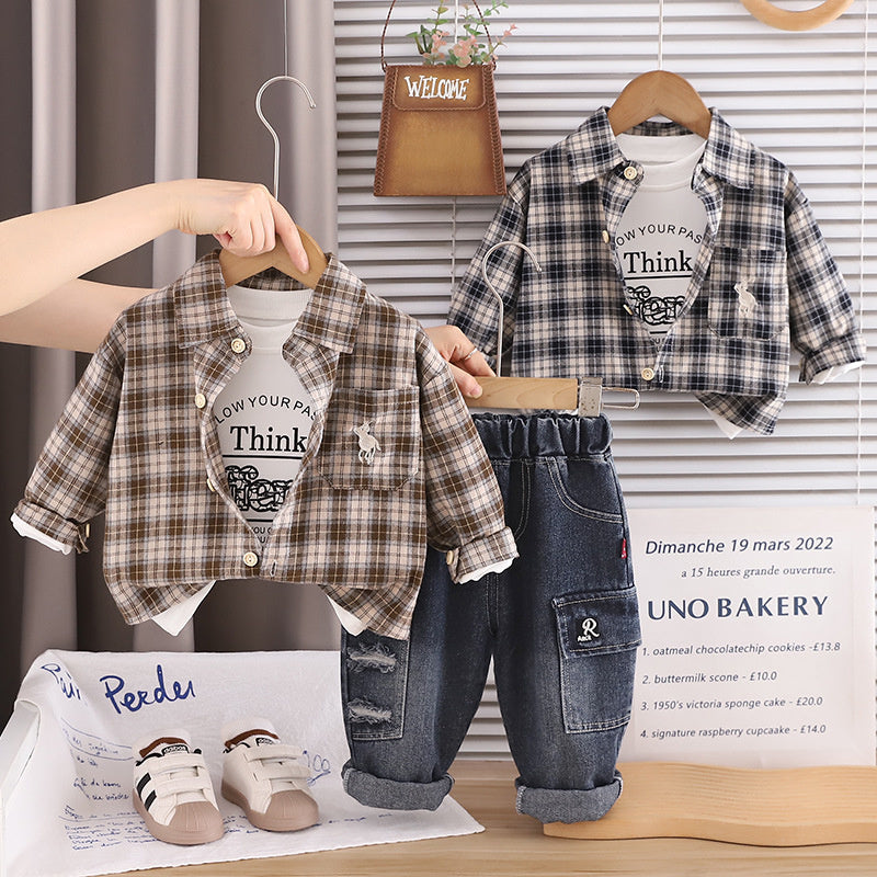 Children's clothing boys' long-sleeve suit new style baby toddler plaid shirt three-piece set ages 1-3-5 years old, stylish for spring and autumn