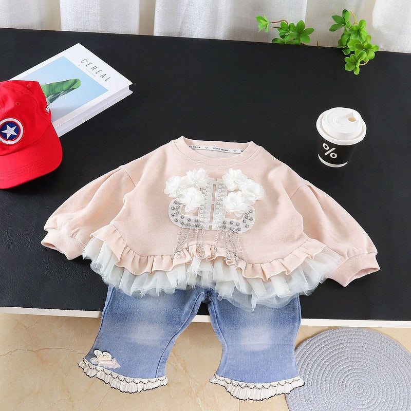 Girls' Outfit 2026 New Style Baby Girls Toddlers, Stylish Korean Version with Floral Lace Two-Piece Set for Spring and Autumn